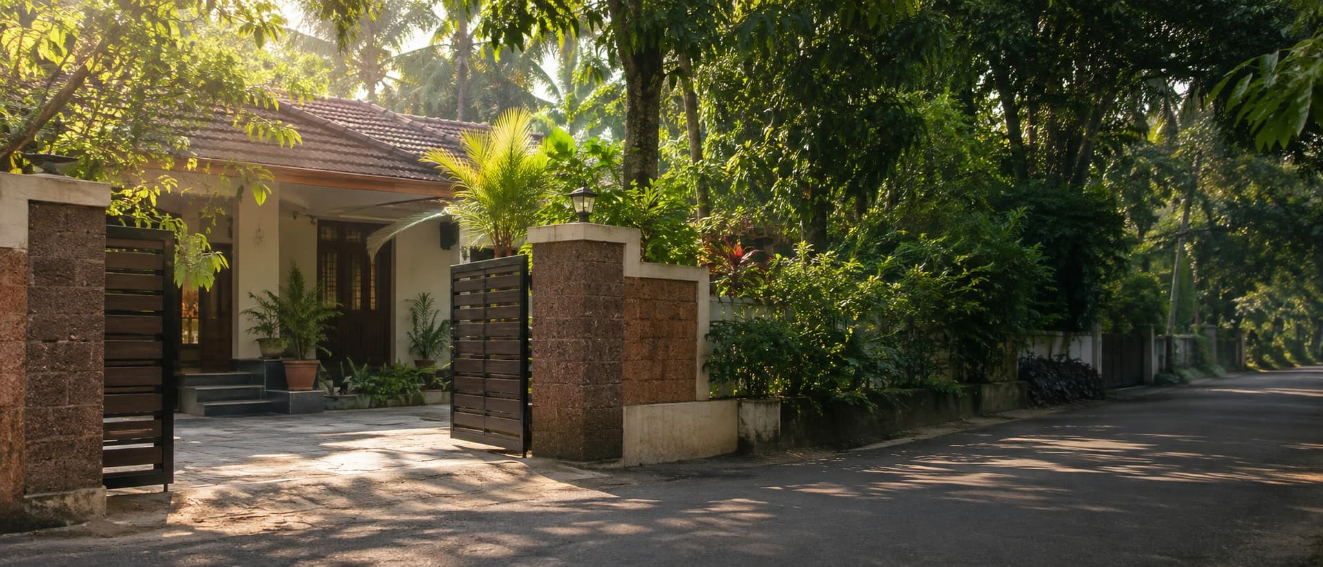 A sunlit Trivandrum home entrance surrounded by tropical greenery